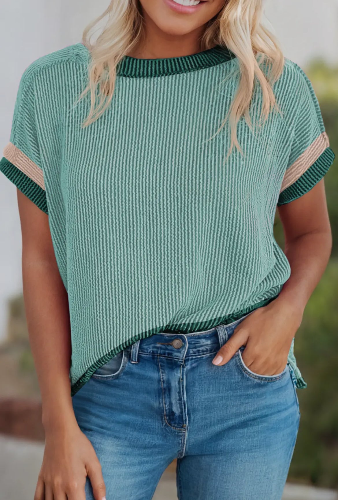 Jump Right in Grass Green Color Block Top
