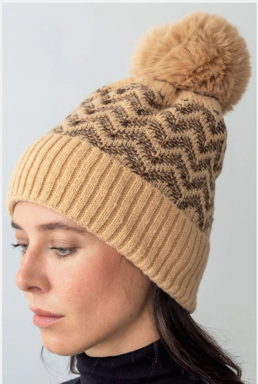 BE CLEVER CEDAR CREST POM POM BEANIE, CAMEL