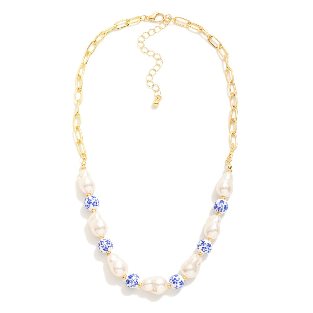 Paperclip Chain Link Beaded Necklace Featuring Baroque Pearls & Chinoiserie Beads