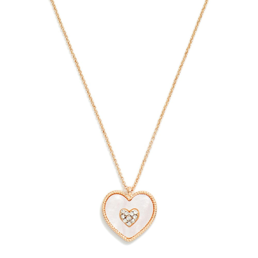Dainty Chain Link Necklace Featuring Rhinestone & Pearlescent Pearl Heart Pendant