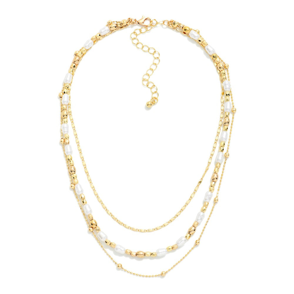 Layered Chain Link & Pearl Beaded Necklace