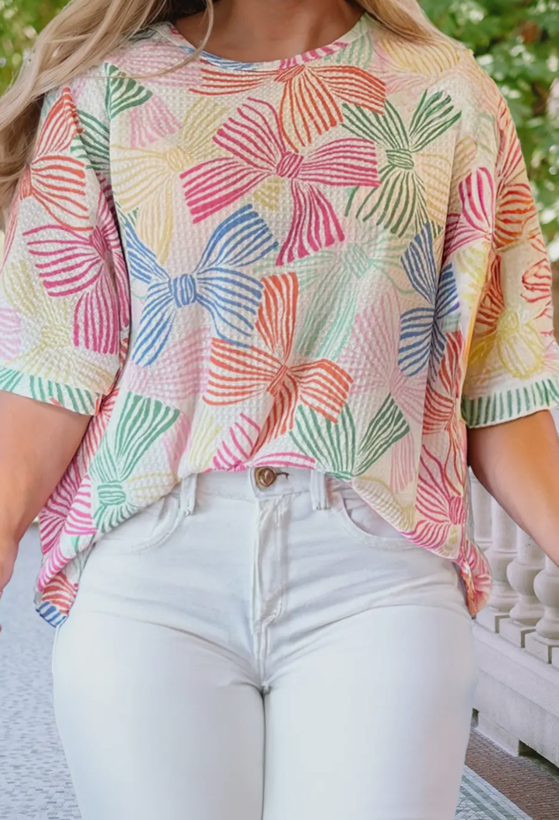 Bow knot printed waffle top