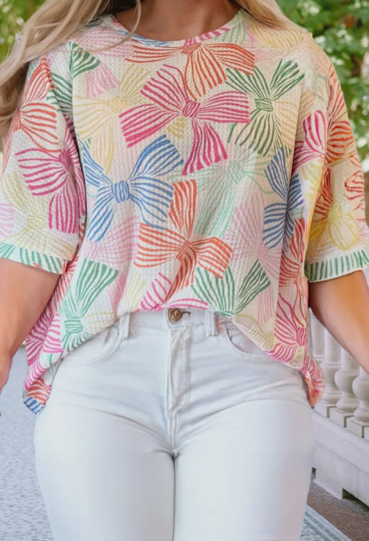 Bow knot printed waffle top