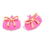 Pink Polymer Clay Pumpkin & Metal Tone Bow Post Drop Earrings