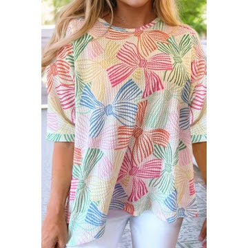 Bow knot printed waffle top