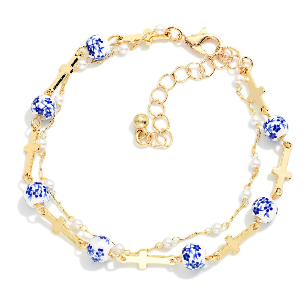 Chinoiserie Bead & Metal Tone Cross Beaded Chain Link Necklace