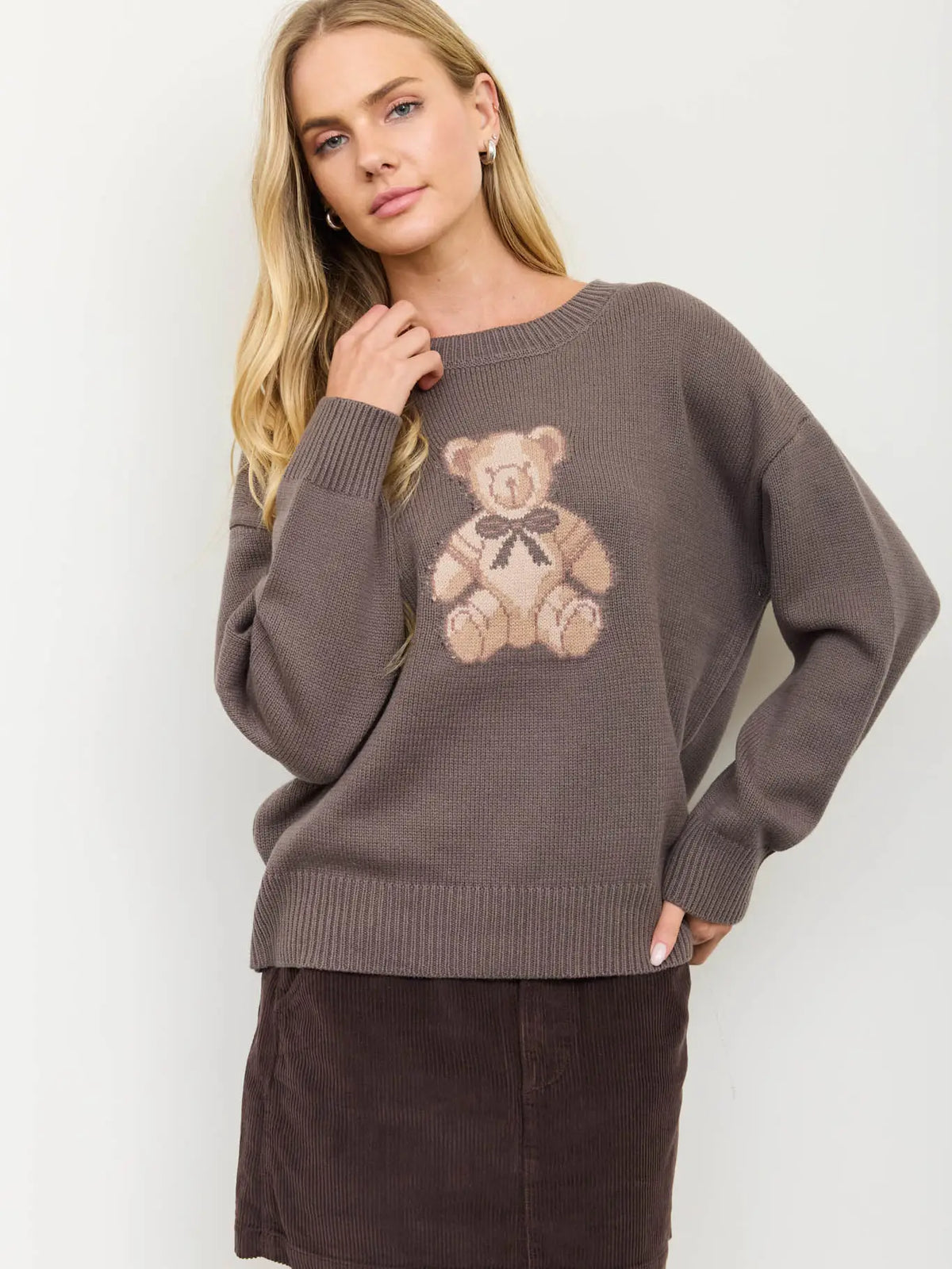 Teddy Jacquard Crew Neck Knit Pullover Sweater