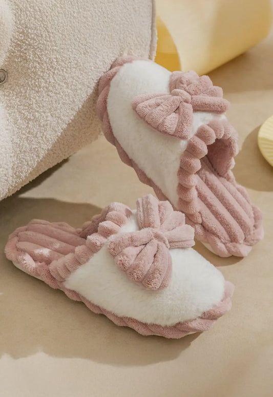 Bow Decor Color Block Ribbed Plush Slippers