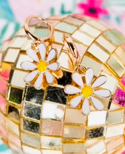 WHITE DAISY GOLDTONE HUGGIE HOOP EARRINGS