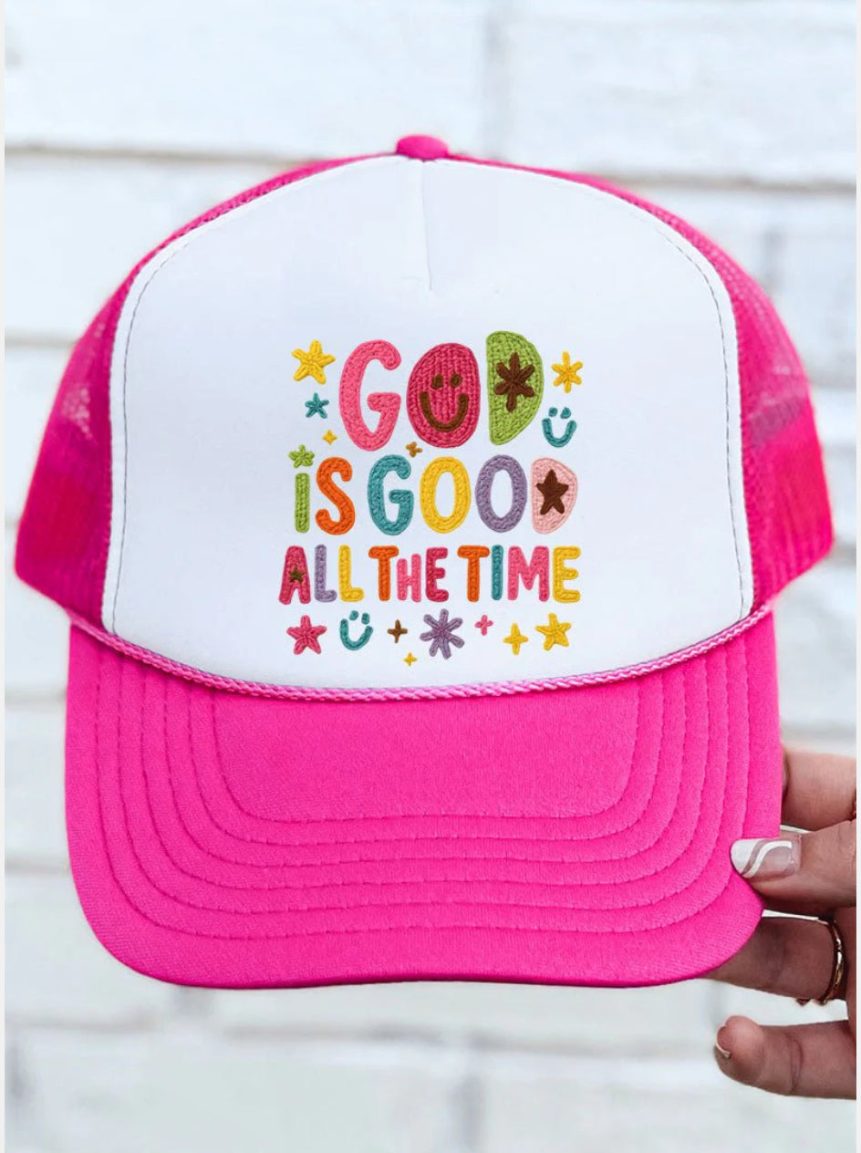 FAUX YARN GOD IS GOOD HOT PINK WITH WHITE FOAM FRONT TRUCKER HAT