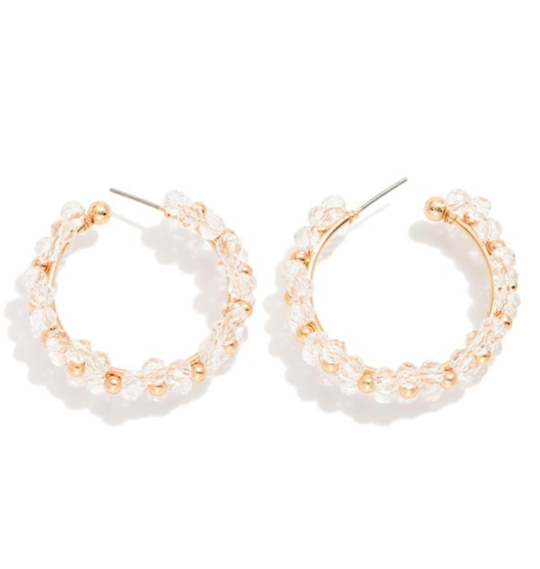 Beaded Flower Hoop Earrings-Clear