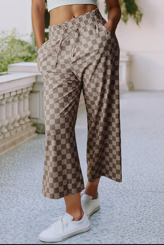 Khaki Tie Waist Check Pants