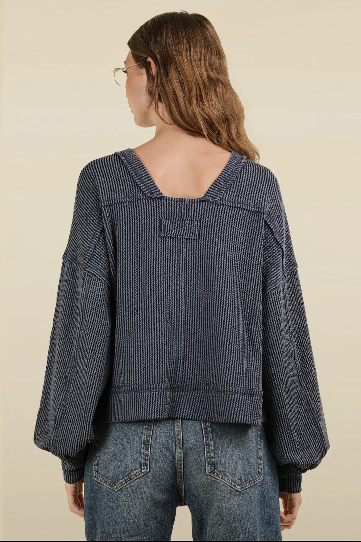 Two Tone Ribbed Comfy Top-Denim