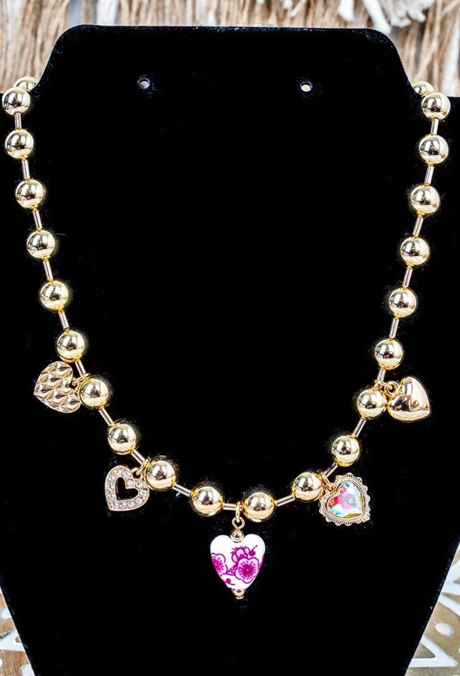 PINK FLORAL LIGHTHEARTED LOVE SILVERTONE BEAD CHARM NECKLACE