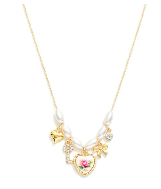 Pink Rose Heart Charm Necklace