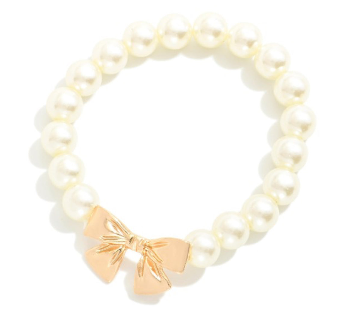 Pearl Beaded Stretch Bracelet With Gold Tone Bow