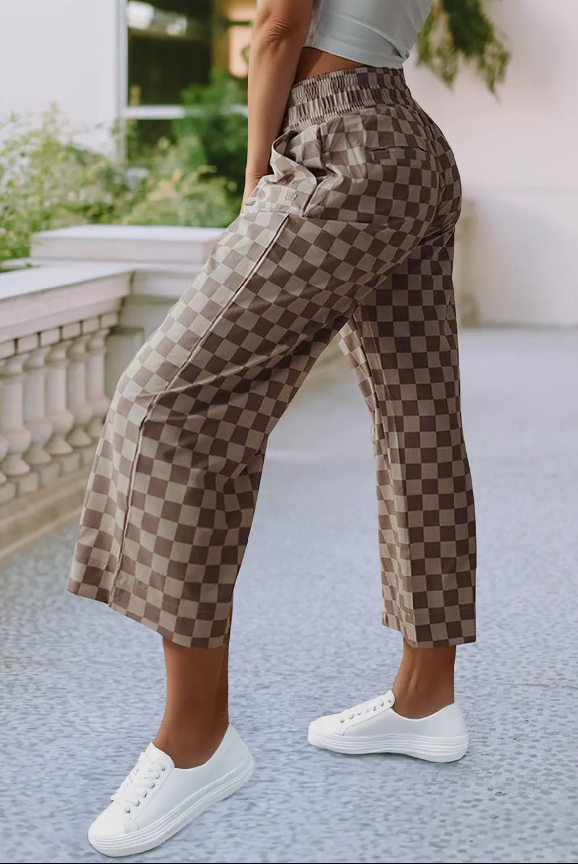 Khaki Tie Waist Check Pants