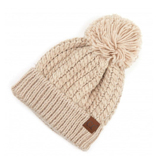 Twisted Mock Cable Knit Pom Beanie-Beige