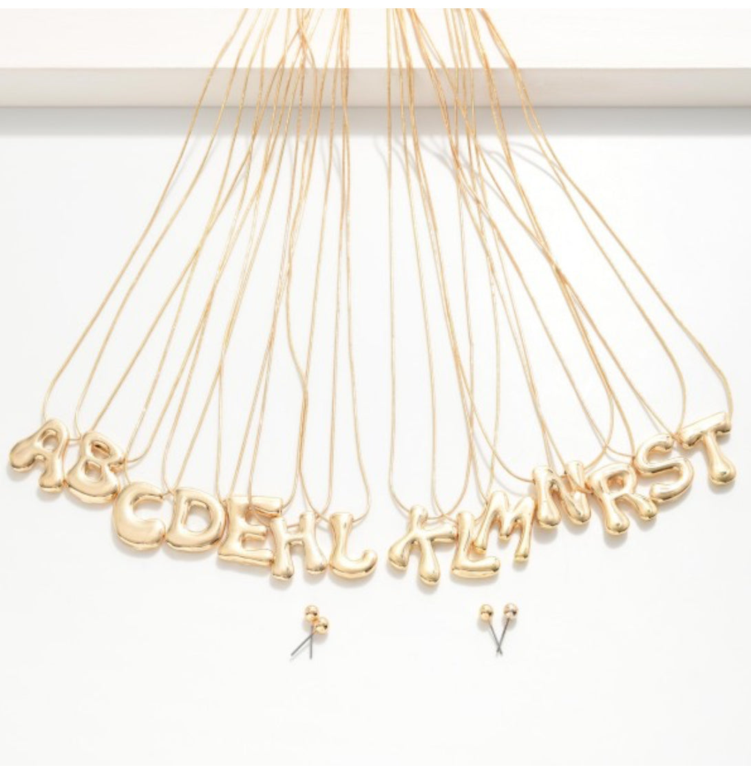 Metal Tone Snake Chain Necklace Featuring Bubble Initial Pendant