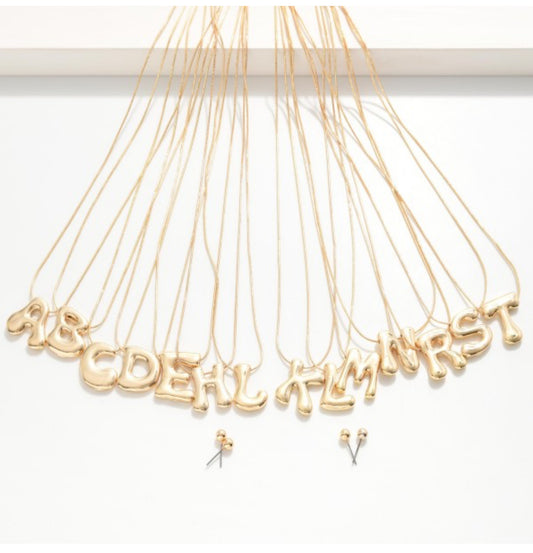 Metal Tone Snake Chain Necklace Featuring Bubble Initial Pendant