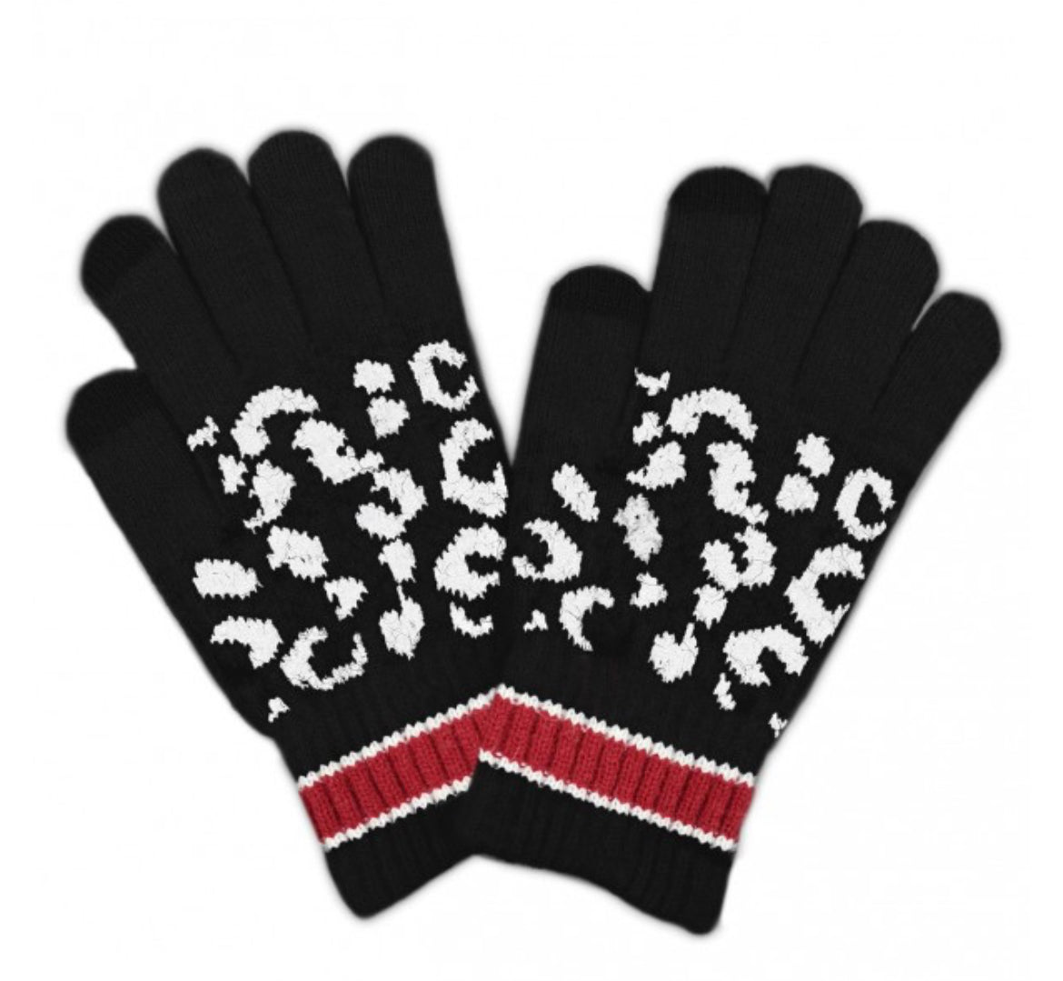 Black Knit Leopard Print Smart Touch Gloves With Stripe