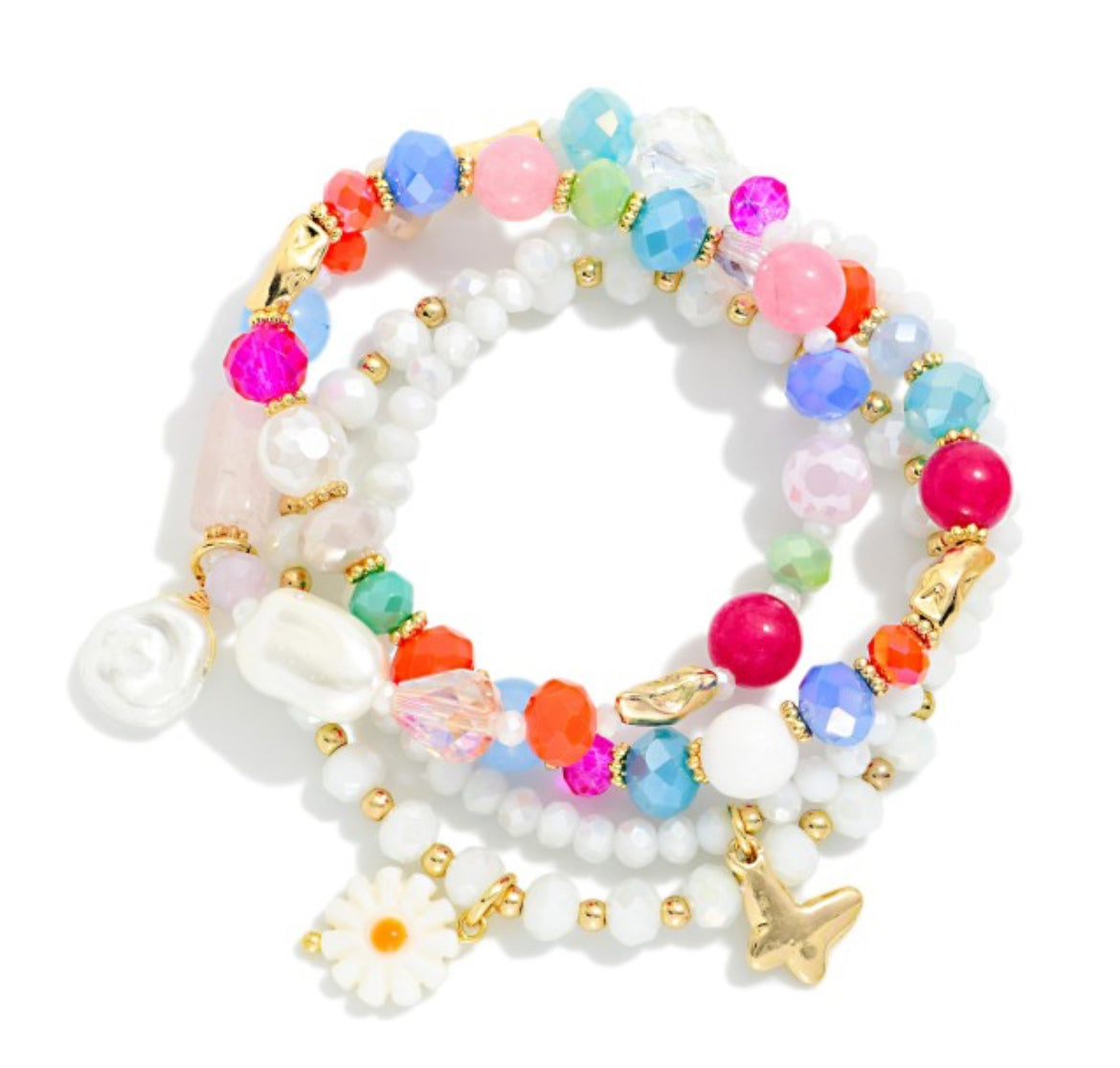Beaded Flower Charm Stretch Bracelet Set
