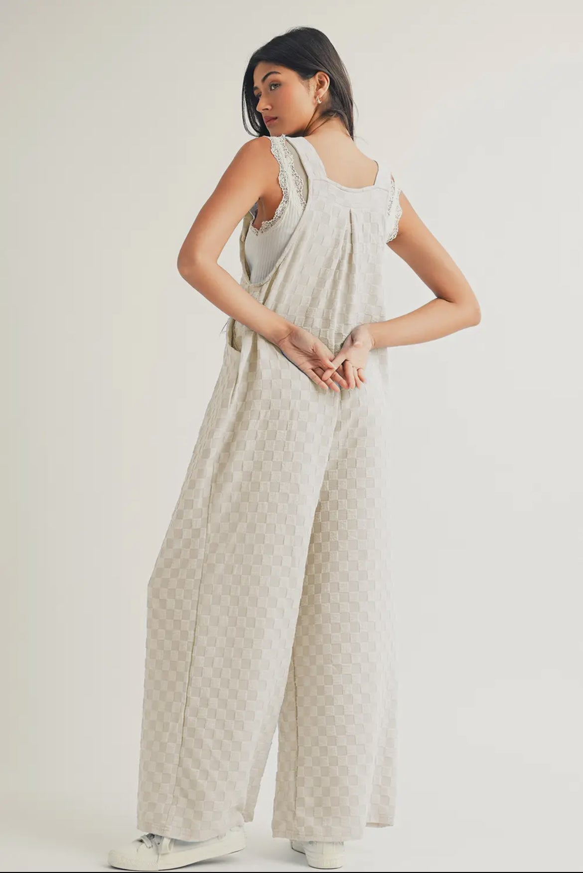 Checkered Pocketed High Waist Wide Leg Overall-Beige