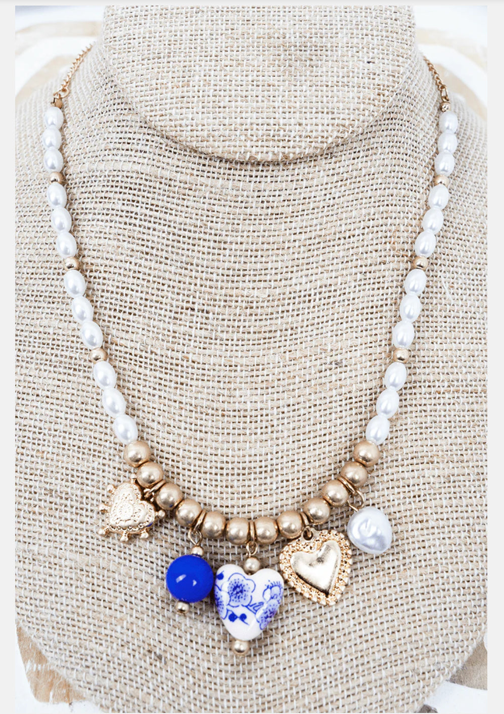 SHINY LUXE BLUE ANCHORED HEARTS PEARL & GOLDTONE CHARM NECKLACE
