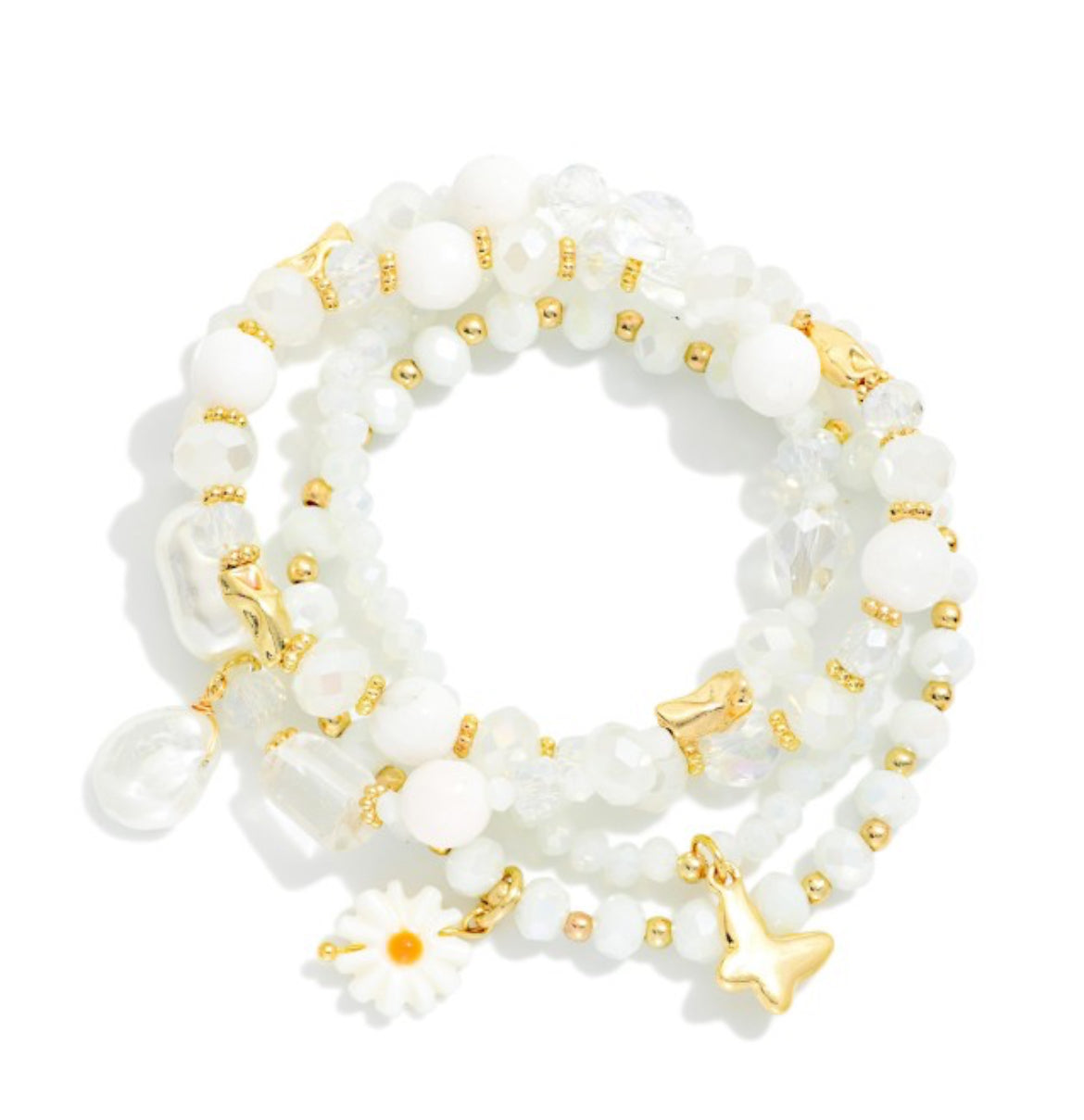 White Flower Charm Stretch Bracelet Set