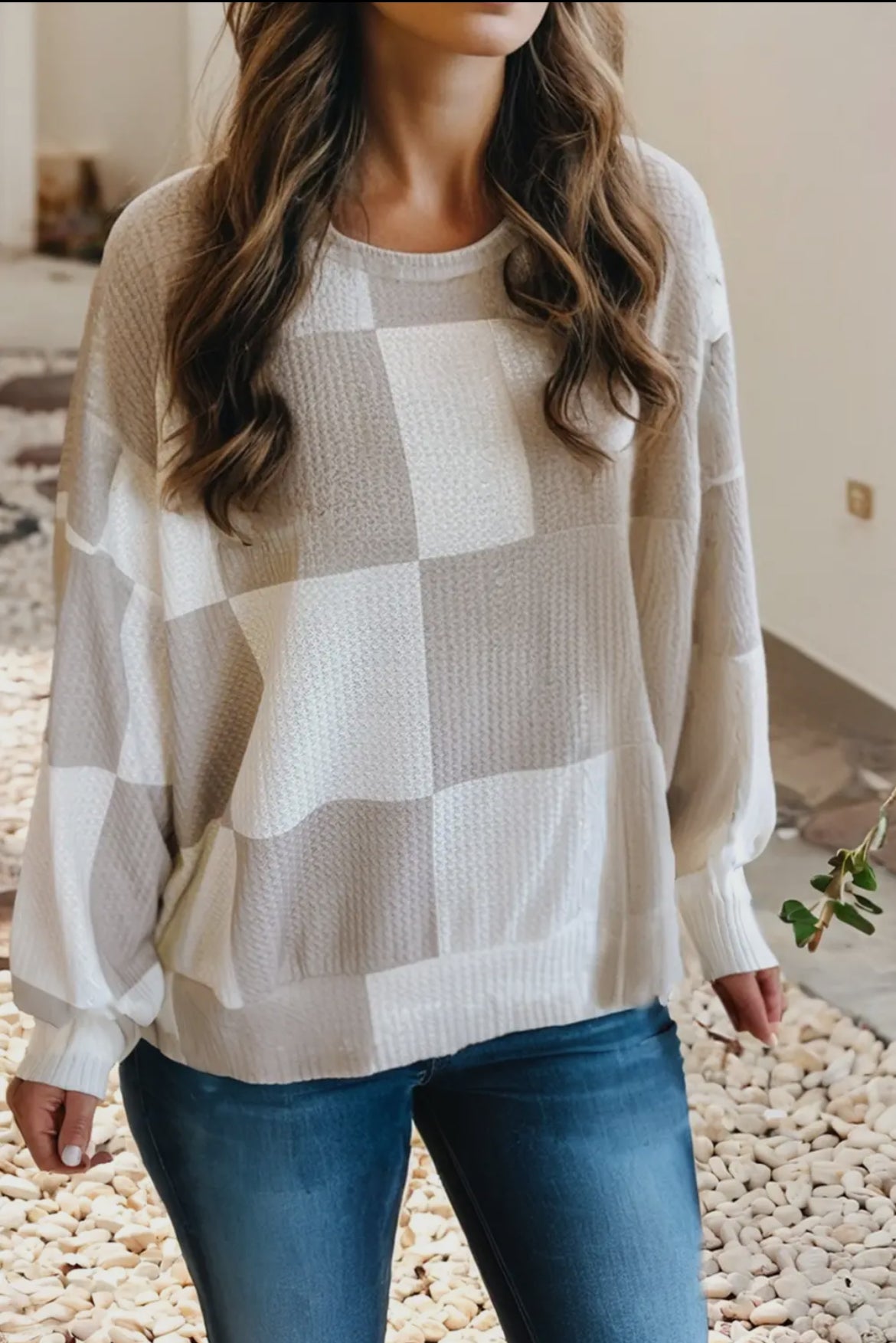 Checkered Print Textured Long Sleeve Top