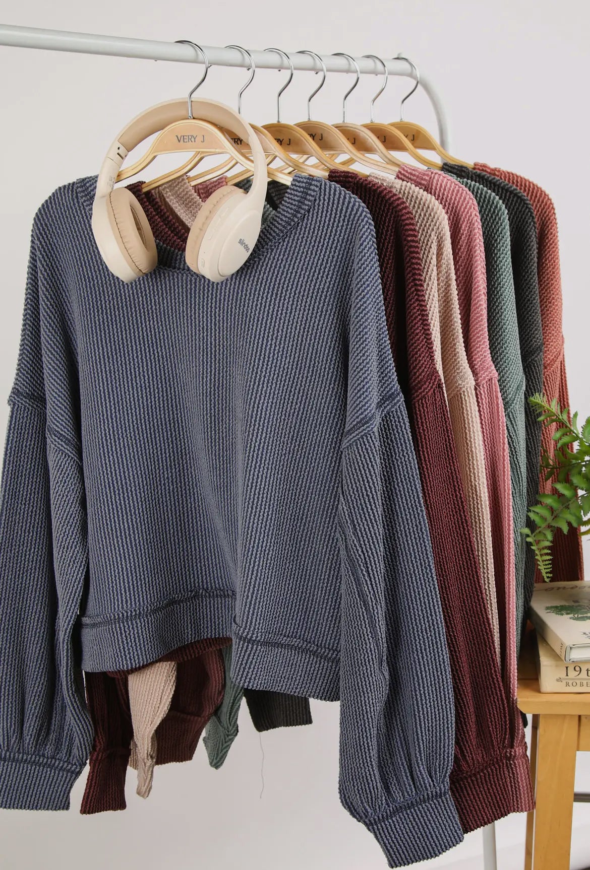 Two Tone Ribbed Comfy Top-Denim