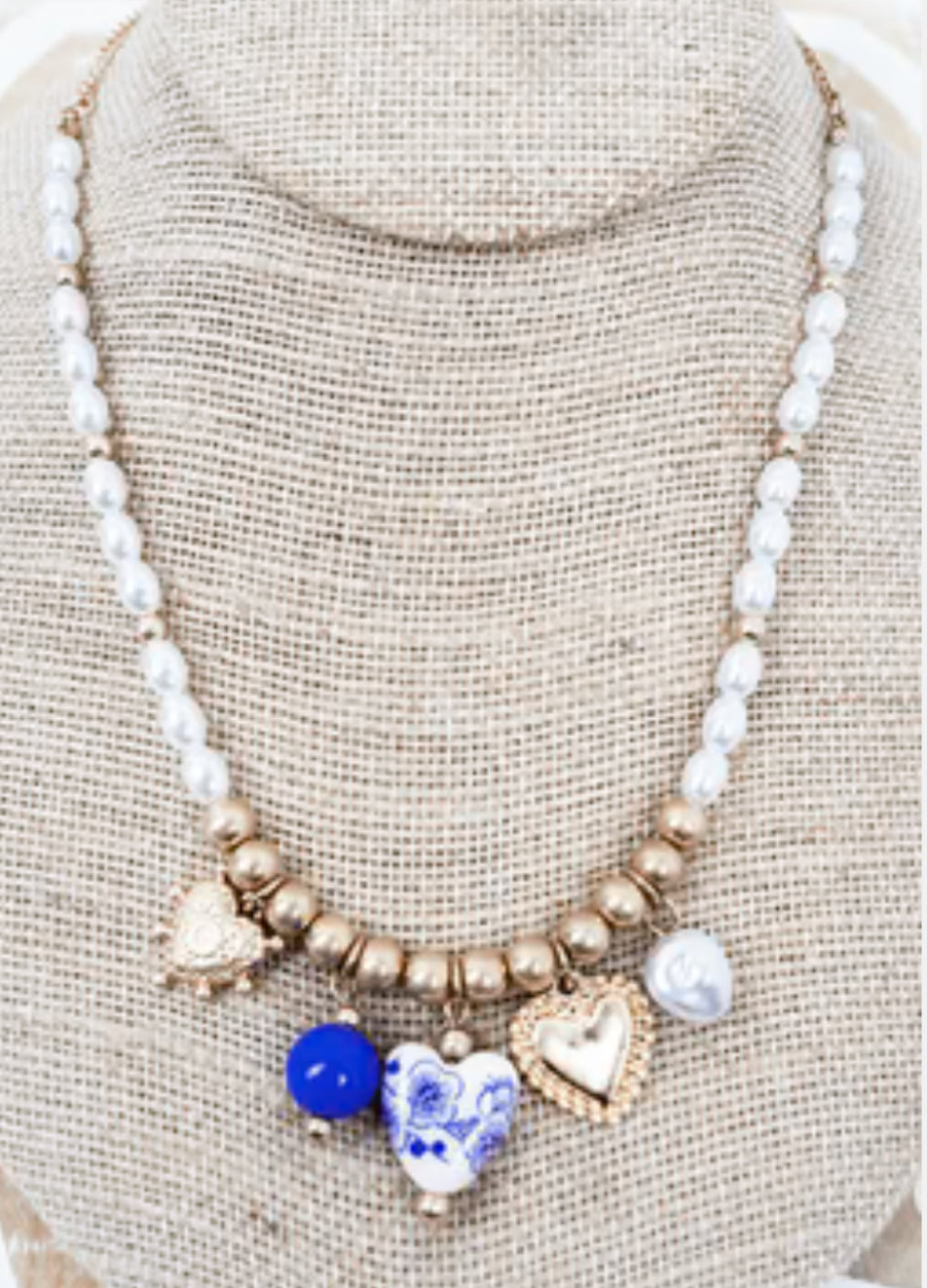 Blue Anchored Hearts Pearl & Goldtone Necklace