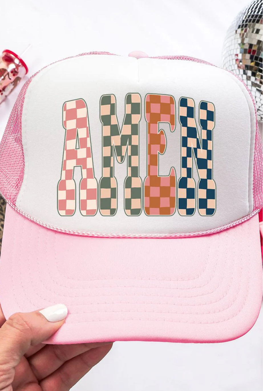 CHECKERED AMEN SOFT PINK WITH WHITE FOAM FRONT TRUCKER HAT