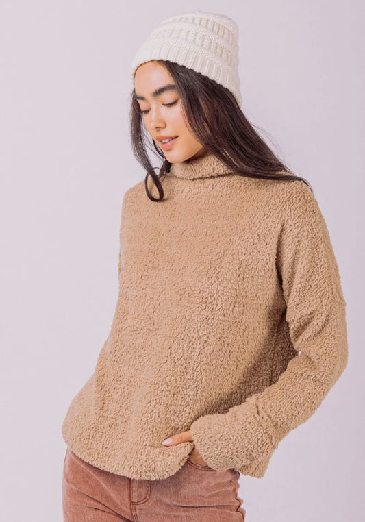 Fuzzy Soft Textured Cozy Solid Knit Top-Mocha