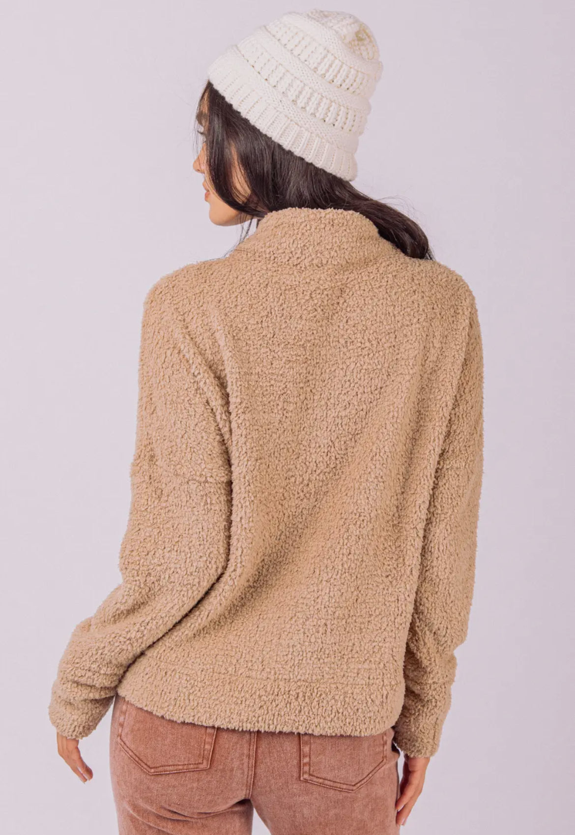 Fuzzy Soft Textured Cozy Solid Knit Top-Mocha