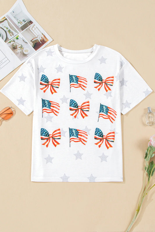Patriotic Flag Bow Graphic Starry Round Neck T Shirt