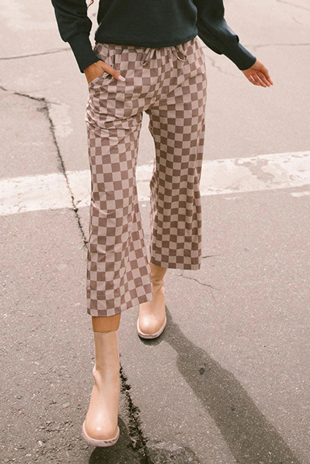 Khaki Tie Waist Check Pants