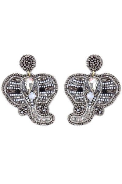 Bejeweled silver seed-bead elephant head earrings