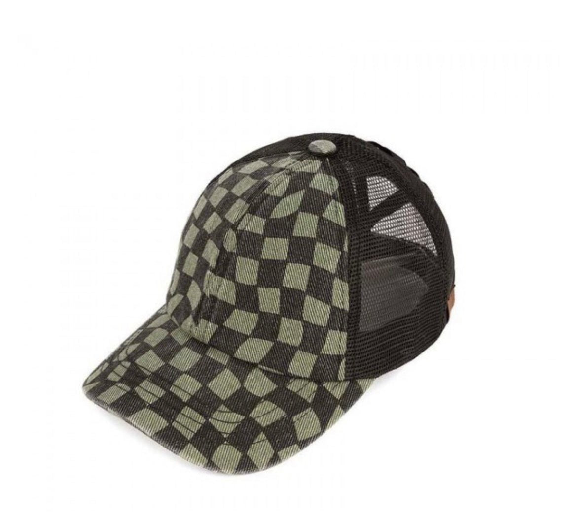 Checkered Criss Cross Pony Cap with Mesh Back