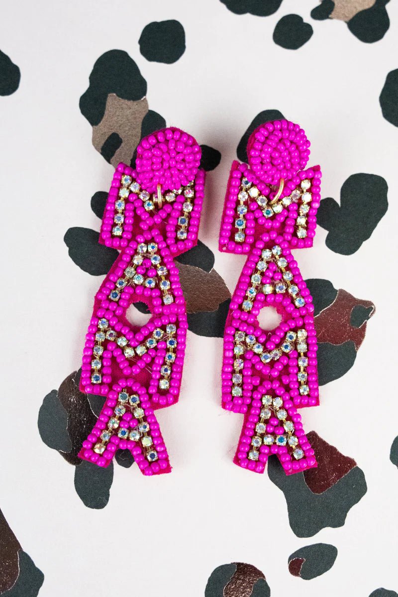 FUCHSIA SEED BEAD AND CRYSTAL 'MAMA' EARRINGS - Anchor Fusion Boutique