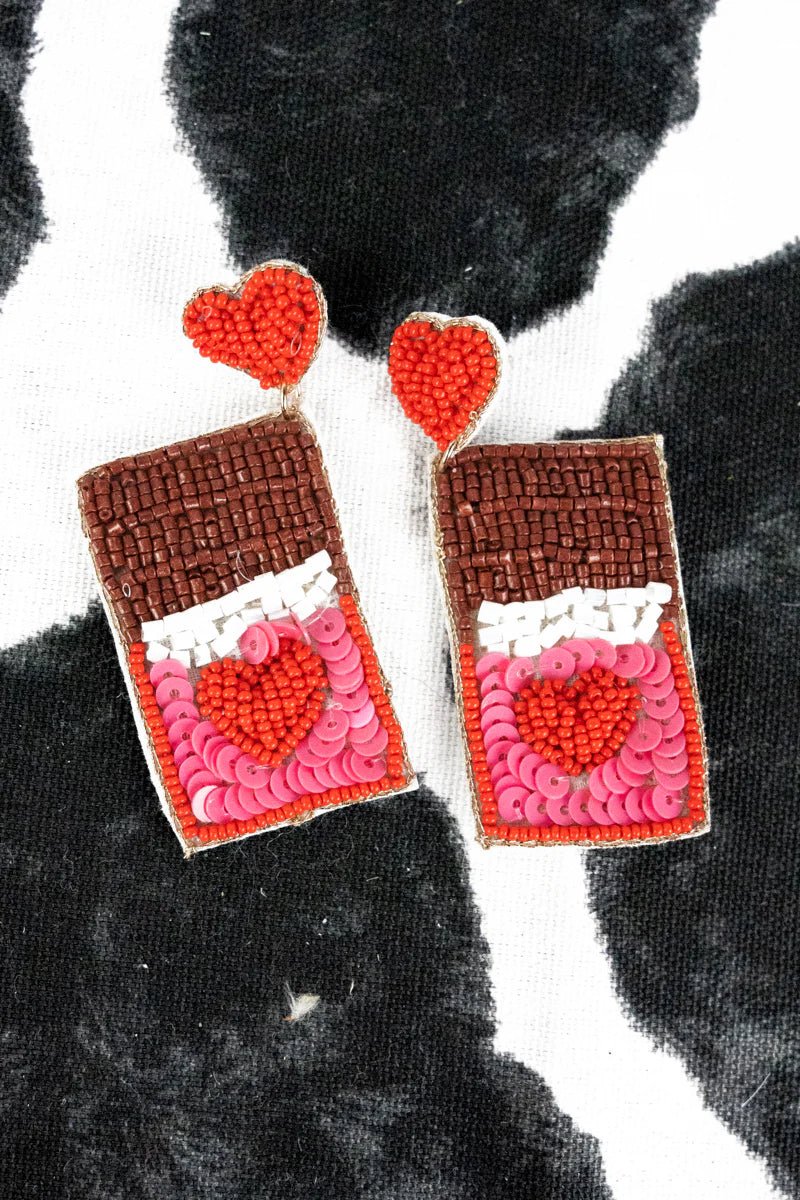 Heart Chocolate Bar Seed Beaded Drop Earrings