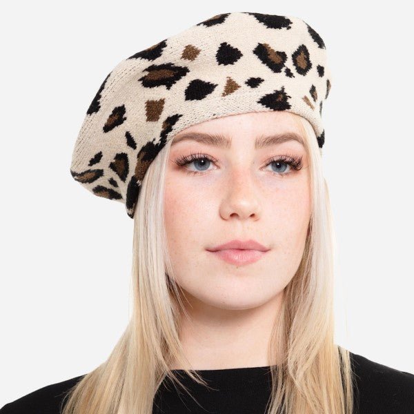 Pearl Leopard Skin Knit Beret Cap