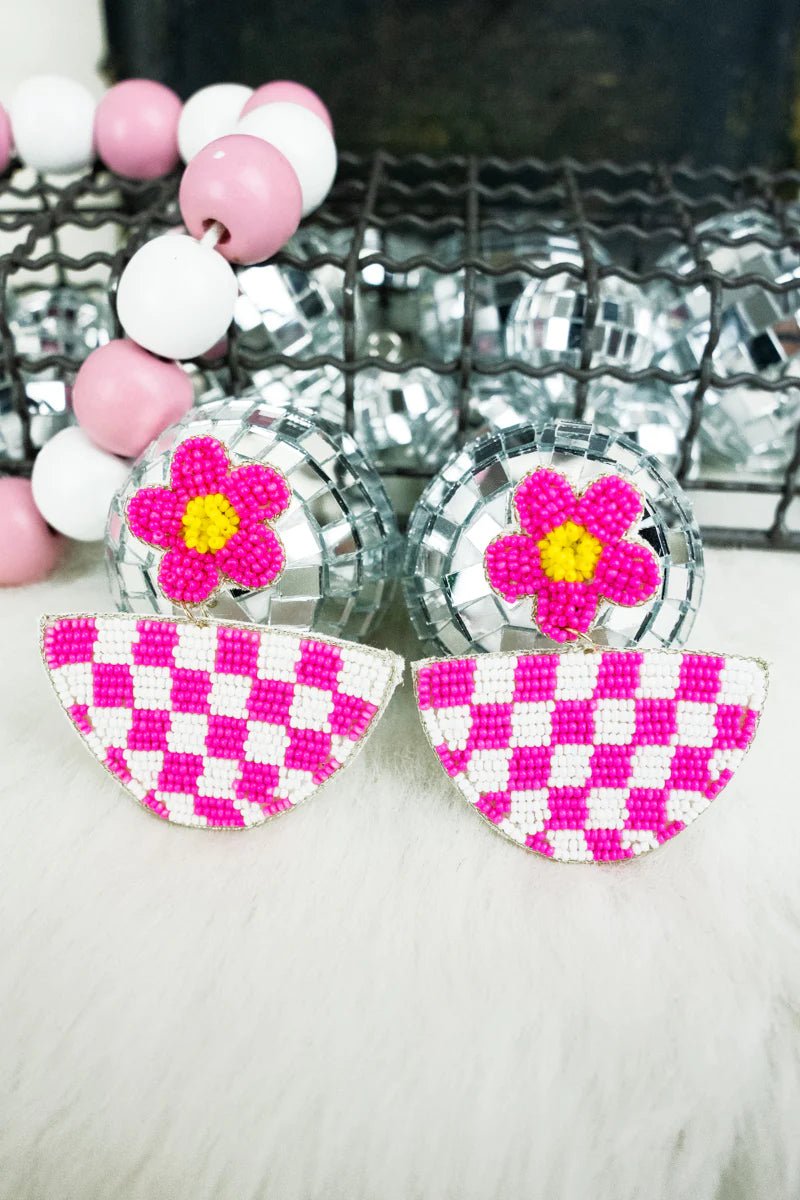PINK AND WHITE CHECKER BOARD AND FLOWER SEED BEAD EARRINGS
