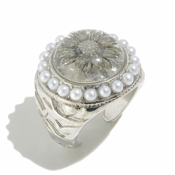 Silver Tone Metal Rings Featuring Resin Encased Flower and Pearl Accents