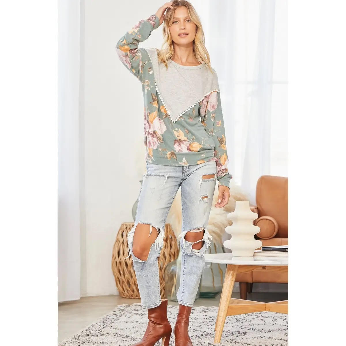 Teal Grey Knit Floral Top - Anchor Fusion Boutique