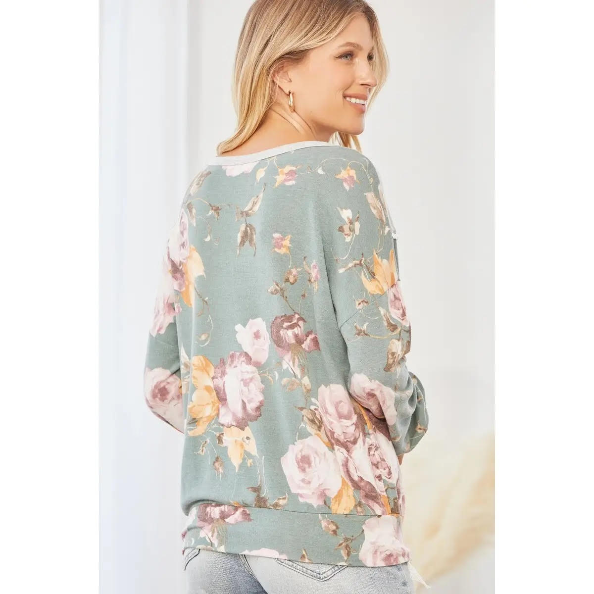 Teal Grey Knit Floral Top - Anchor Fusion Boutique