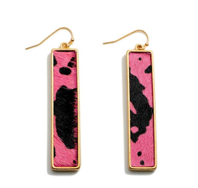 Textured Cow Print Rectangular Drop Earrings Featuring Gold Accents 113