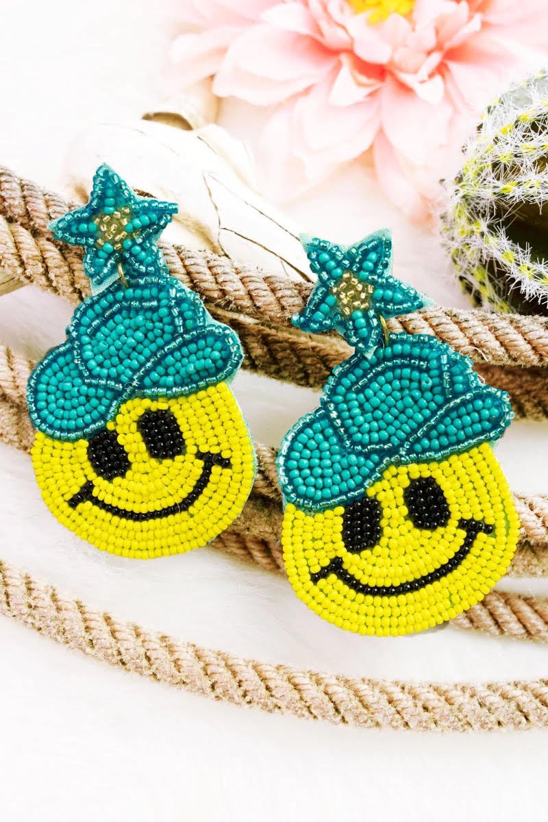 WESTERN SMILEY FACE TURQUOISE SEED BEAD EARRINGS