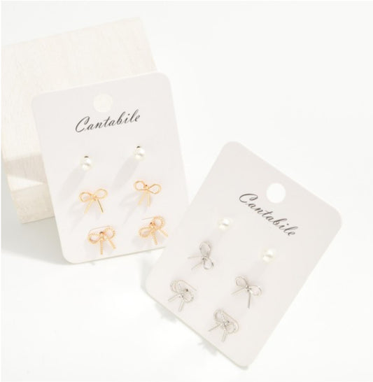 Gold Metal Bows and Simple Pearl Studs Set