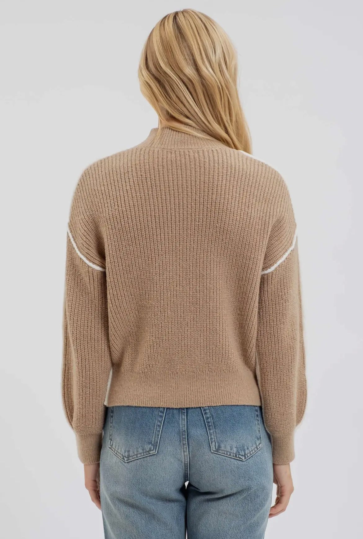 Colorblock Mock Neck Exposed Seam Knit Sweater IVORY